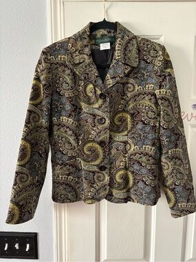 Vintage Harve Bernard Womens Paisley Tapestry Button-Up Jacket - Blue Gold Sz 6